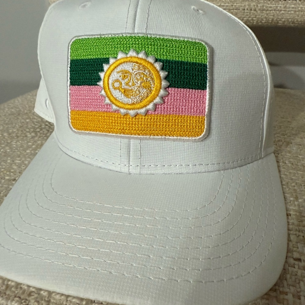 White Cap with Colorful Sun Patch. Unisex Hat